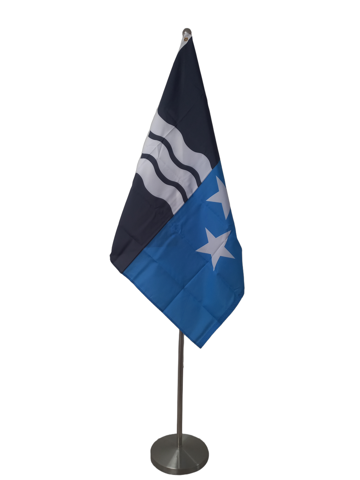 Flag of the Switzerland canton Aargau on a indoor ceremonial pole. Black left and blue right with three waves on the center left and three stars in a downwards facing triangle configuration.