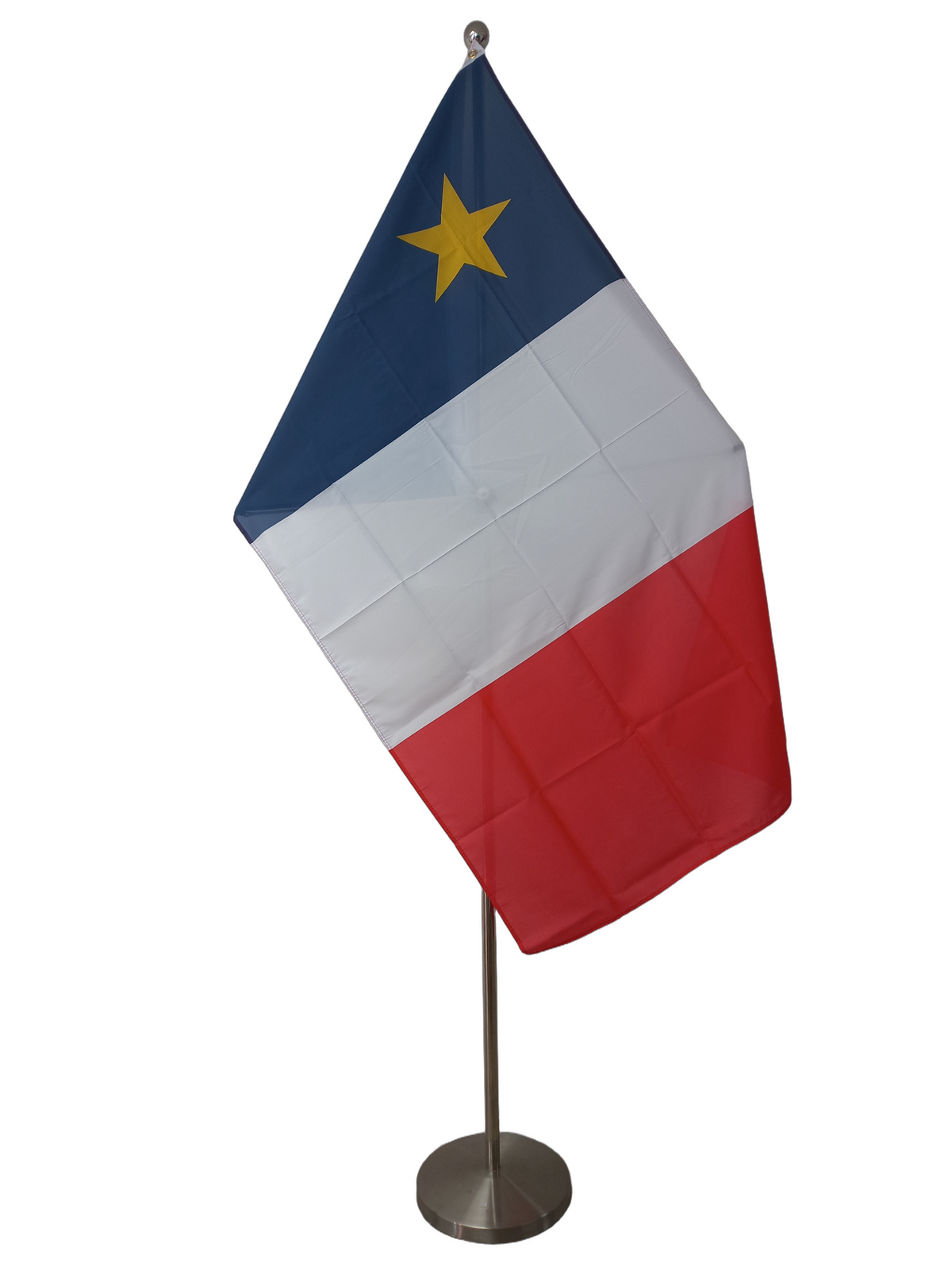 Acadia Canada Flag on a ceremonial pole. Red white and blue vertical stripes with yellow star in upper left.