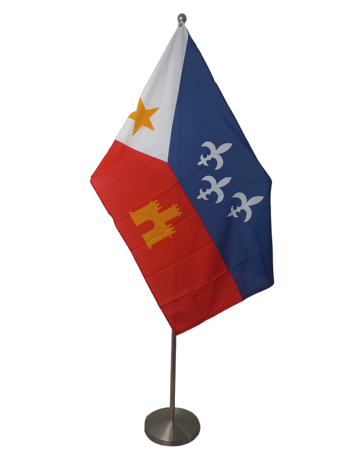 A flag featuring a blue field with three white fleur-de-lis symbols, a red field with a yellow star and a golden historical structure emblem, with two metal grommets. On a ceremonial pole.