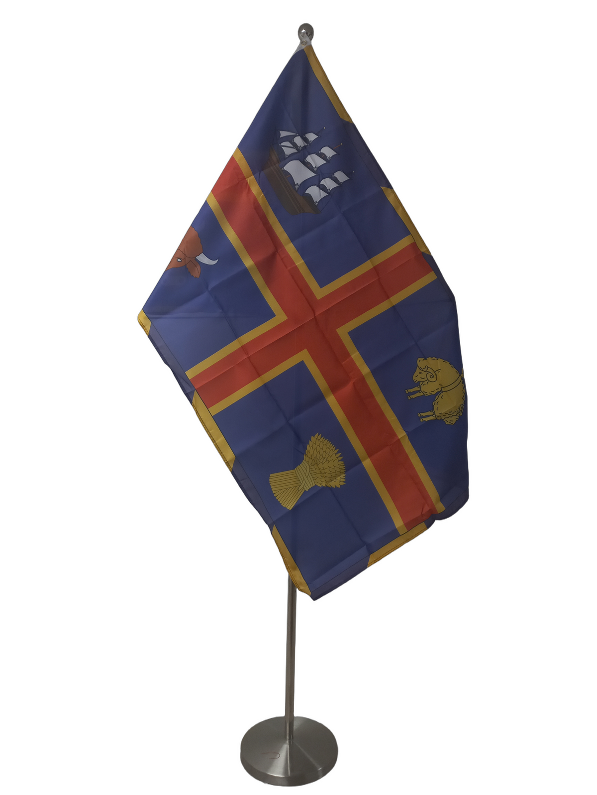 Flag of Adelaide, South Australia, featuring a blue and red design with a ship, kangaroo, cow, and wheat sheaf icons, and two metal grommets for flying. On a ceremonial pole.