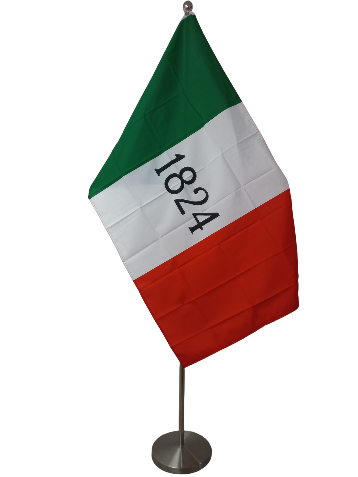 A flag with two vertical green and red stripes and the year '1824' written in white. The flag has two metal grommets for flying. On a ceremonial pole