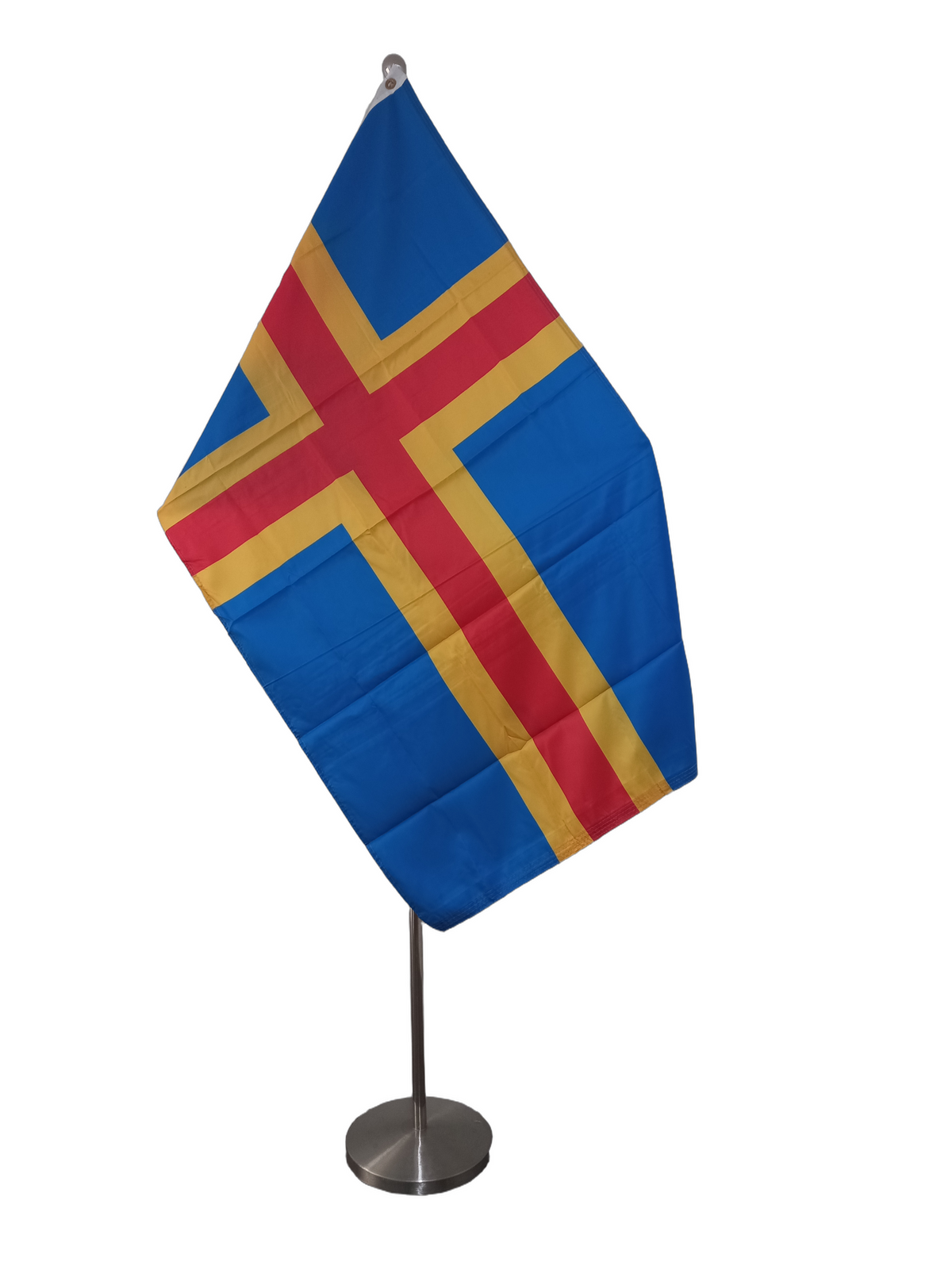 Blue flag with a yellow Nordic cross and a red Nordic cross inside the yellow cross. On a ceremonial pole.