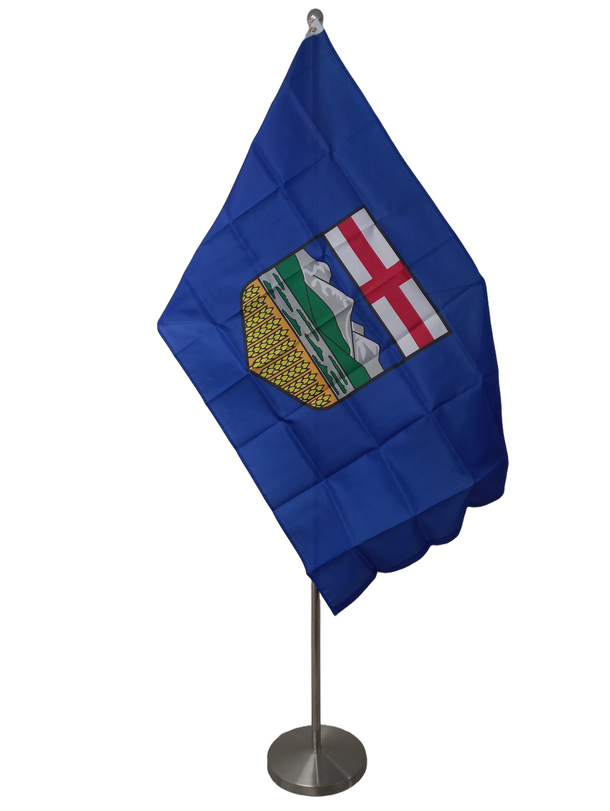 Flag of alberta. Blue background with the crest of alberta in the middle. Fitted with metal eyelets. On a ceremonial pole.