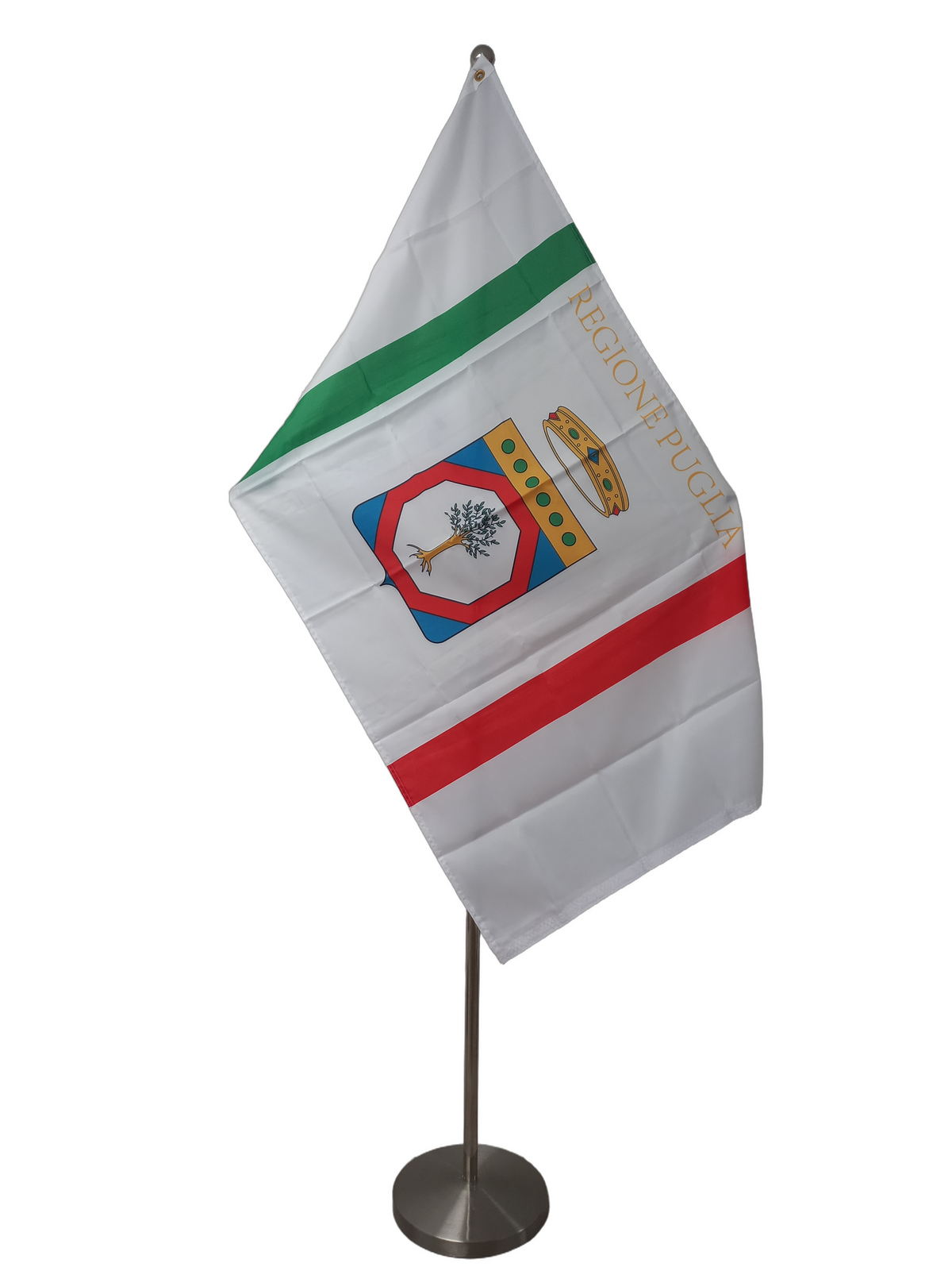 White flag with a crest of Apulia in the middle. Above the crest there is a crown and the text 'Regione Puglia'. On the left there is a thin vertical green strip and on the right there is a thin vertical red strip. On a ceremonial flagpole.