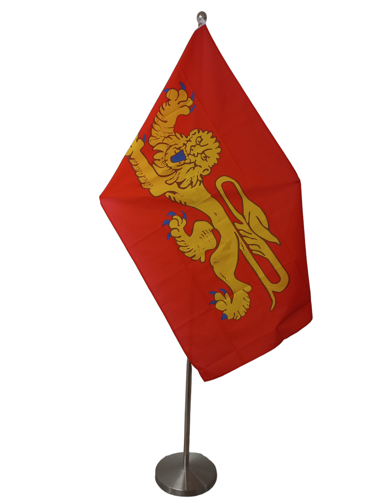 Flag of Aquitaine featuring a red background with a yellow lion in motion. On a ceremonial flagpole.
