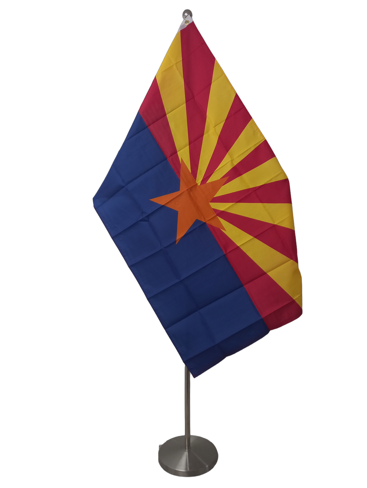 Flag of Arizona with horizontal stripes of red and yellow and a prominent gold star on a blue background, with two metal grommets for flying. On a ceremonial flagpole.