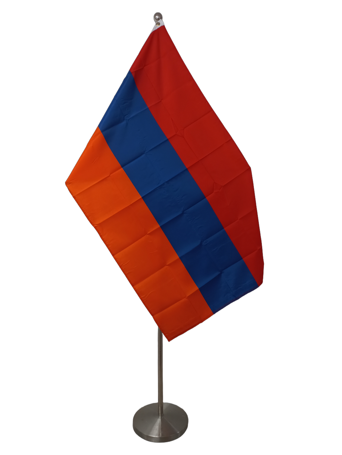 Flag of Armenia with horizontal stripes in red, blue, and orange colors, with two metal grommets for flying. On a ceremonial flagpole.