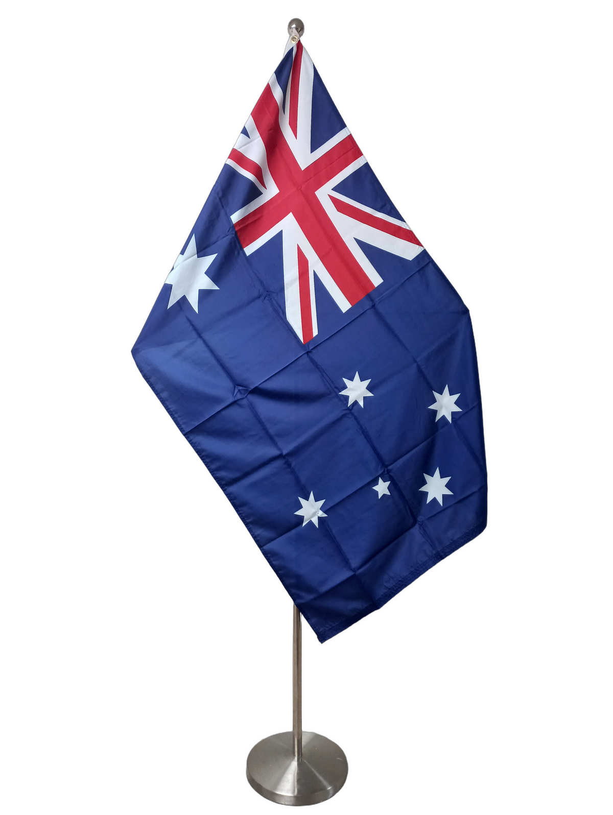 Flag of Australia with a blue background, red and white horizontal stripes, and white stars on the blue field. On a ceremonial flagpole.