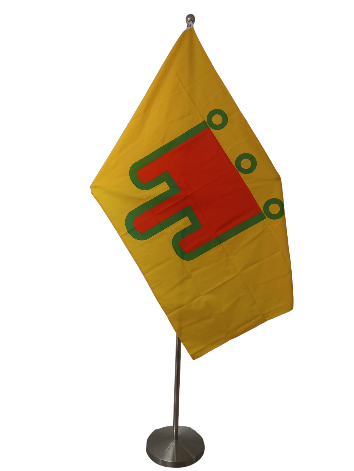 Flag of Auvergne in France. Yellow flag with red symbol with a green border with exception to the top. The top also has three green circles with yellow fill, left, right and center. On a ceremonial flag pole.