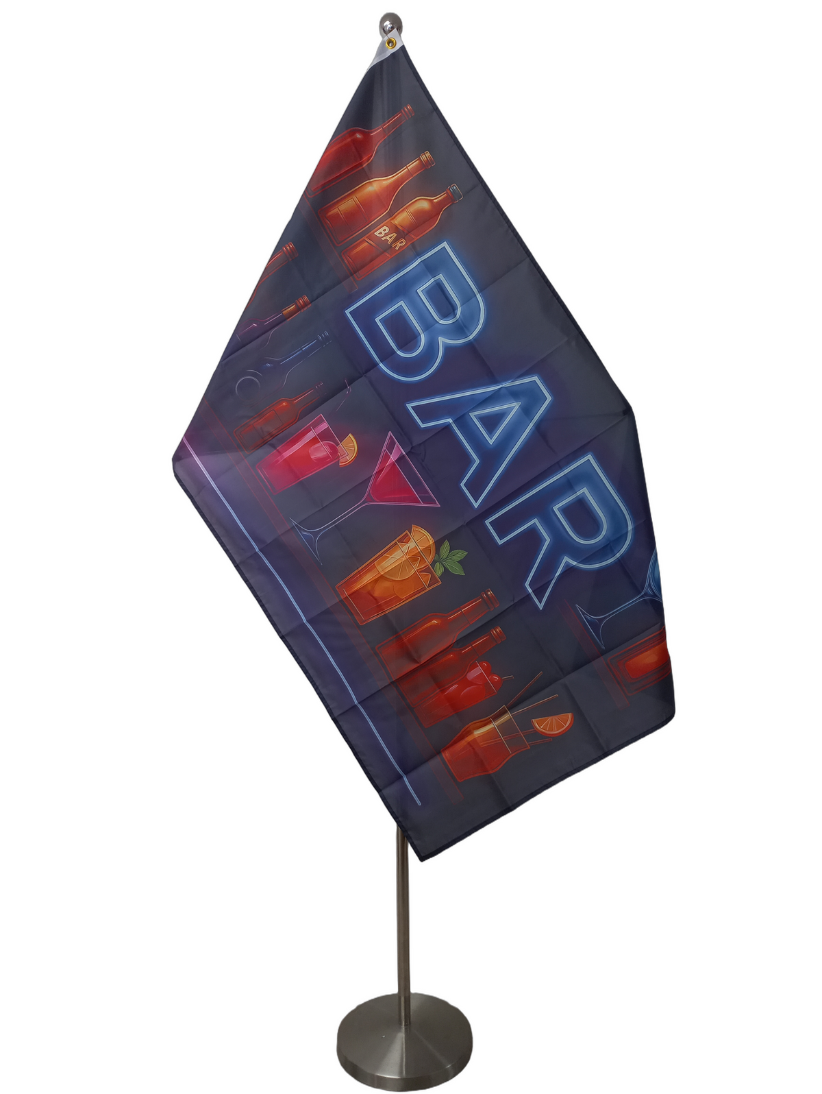 Neon-style bar sign with bottles, glasses, and 'BAR' text on a black background
