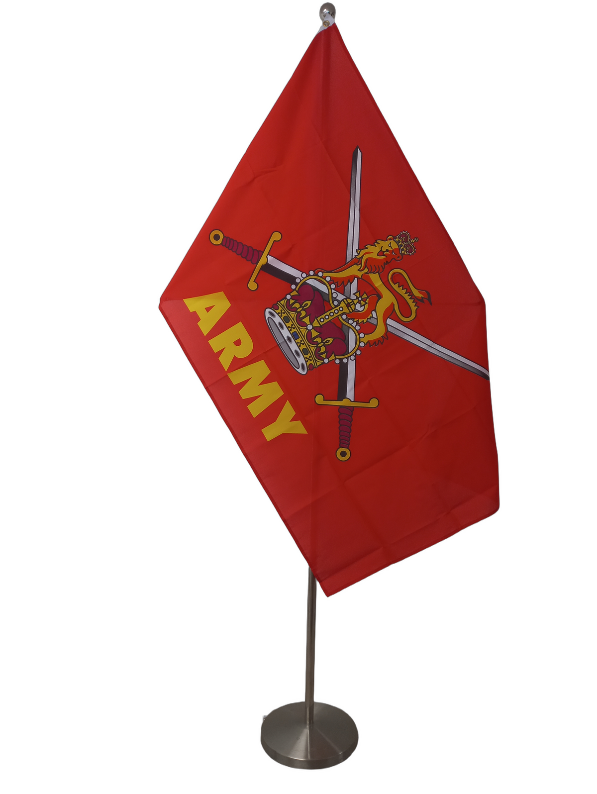A flag with a red background, featuring a gold lion passant over crossed swords with a crown on top and the word 'ARMY' in bold letters. On a ceremonial flag pole.