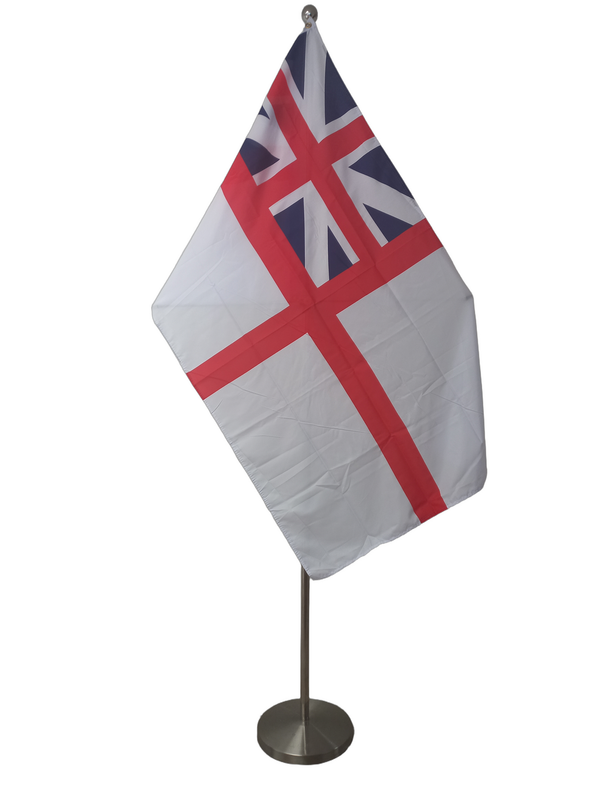 British Colonial White Ensign, a white background flag with a red cross spanning the entire length and height of the flag. There is a union jack without the diagonal red bars in the upper left corner.  On a ceremonial flag pole.