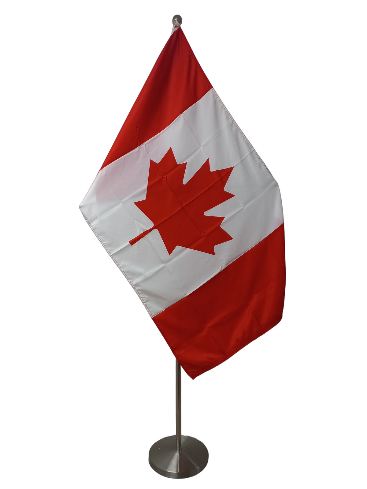 Flag of Canada with a red and white vertical stripe pattern and a prominent maple leaf on the white stripe.  On a ceremonial flag pole.