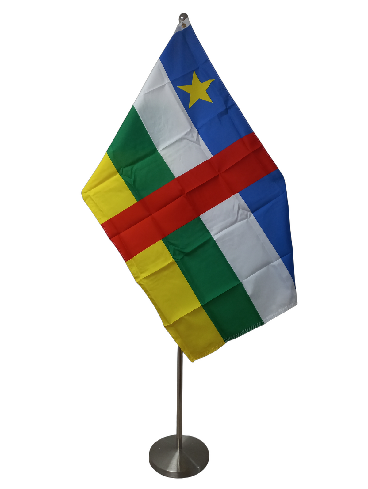 Flag of Central African Republic with horizontal stripes in blue, white, green, and yellow with a central vertical red stripe, and a yellow star on the upper hoist-side. On a ceremonial flag pole.