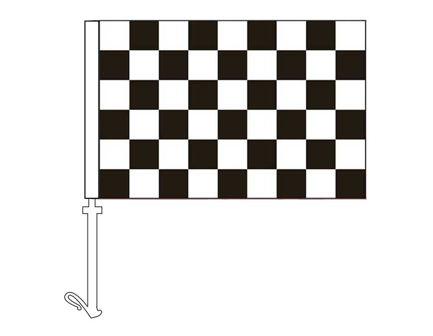 Chequered black and white flag.