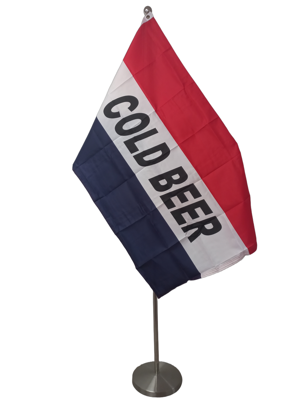 A flag with horizontal red, white, and blue stripes, with the words 'COLD BEER' in capital letters. On a ceremonial flag pole.