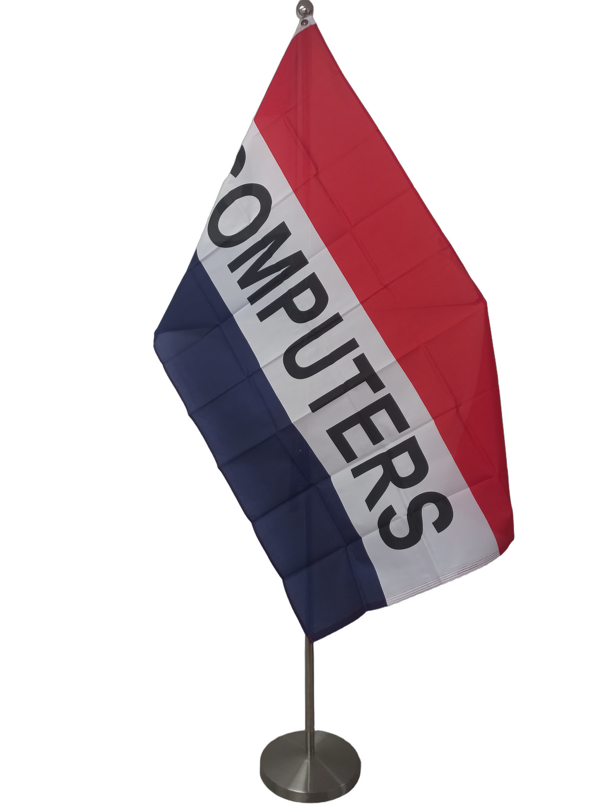 An advertising flag featuring a horizontal stripe pattern in red, white, and blue with the word 'Computers' displayed int the middle. On a ceremonial flag pole.
