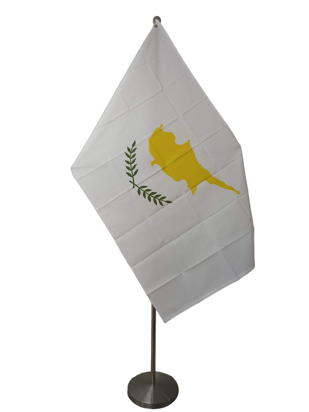 Flag of Cyprus with a orange map silhouette of the country and a green olive branch on a white background, featuring two metal grommets. On a ceremonial flag pole.