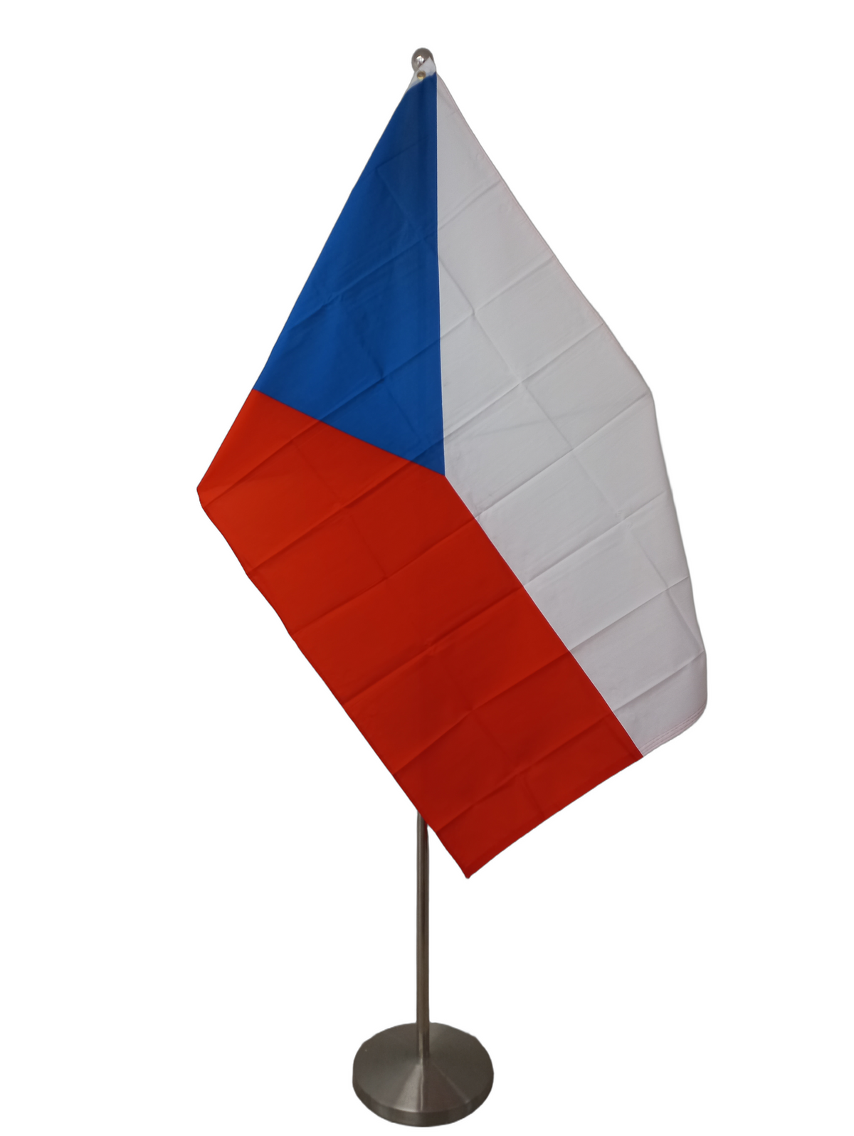 Flag of the Czech Republic, with a blue triangle on a white background and a red horizontal band on the bottom, featuring two metal grommets. On a ceremonial flag pole.