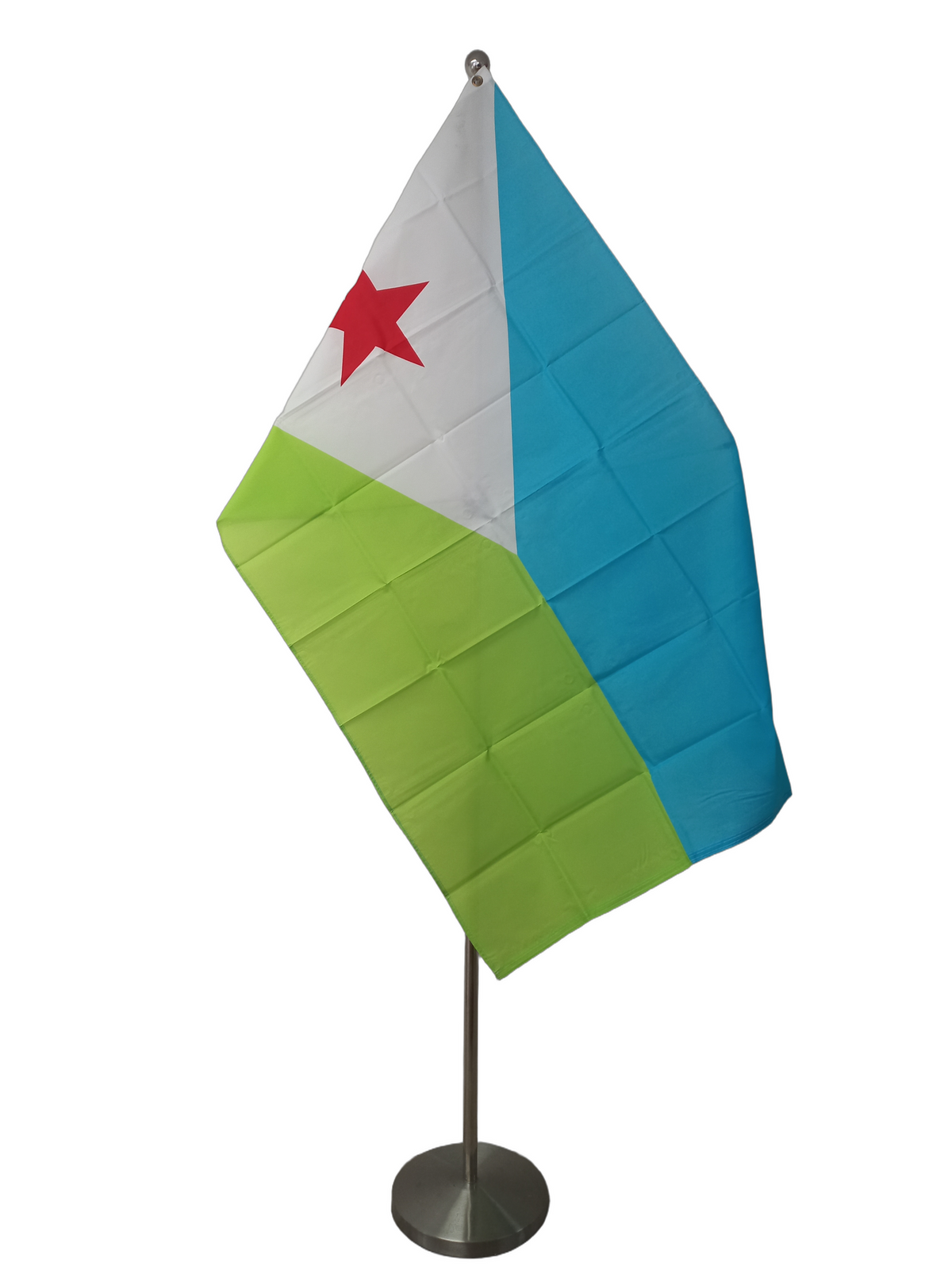 Flag of Djibouti featuring a red star on a white triangle with a green panel below a light blue panel, two metal grommets for flying. On a ceremonial flag pole.