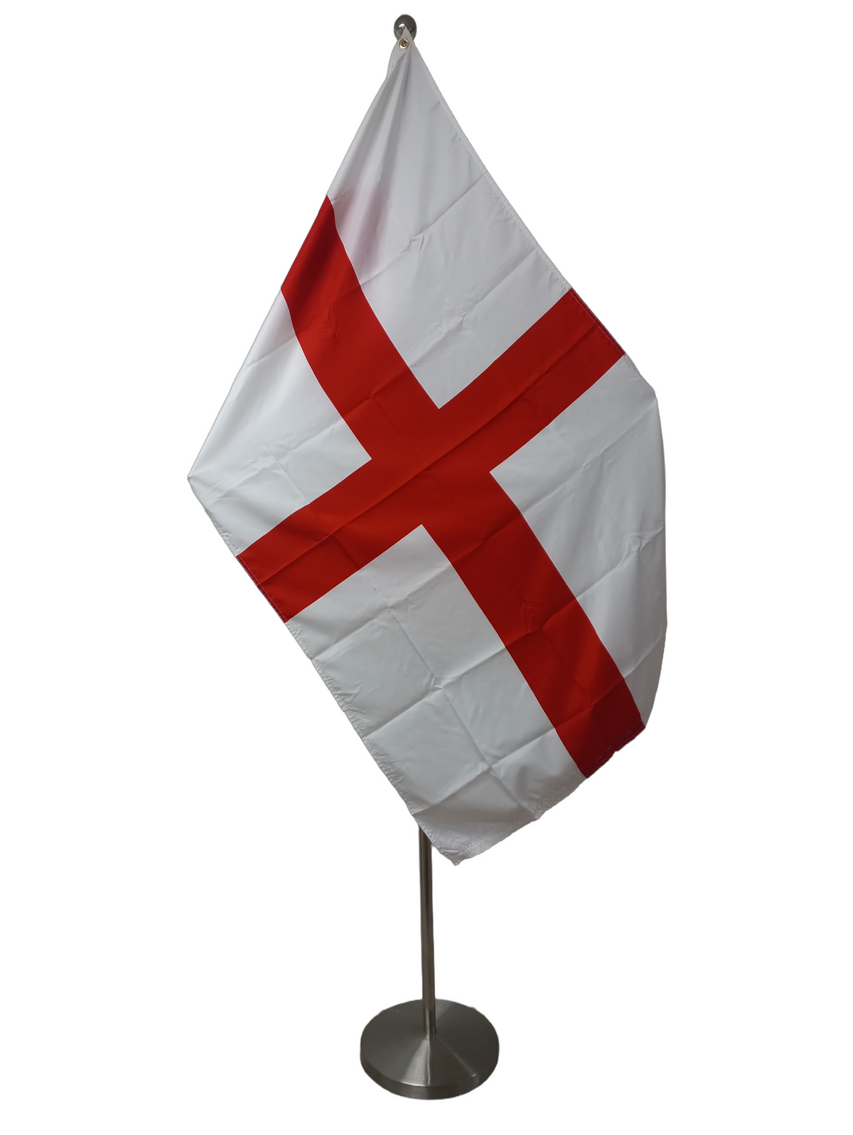 Flag of England (St George's Cross) with a red cross on a white background, with two metal grommets for flying. On a ceremonial flag pole.