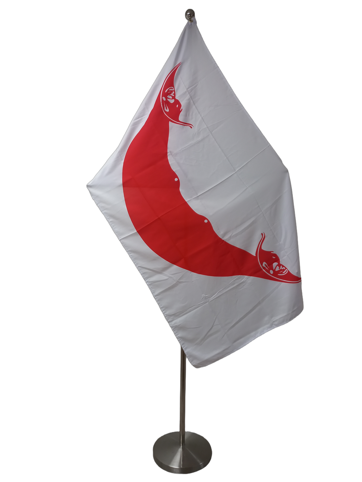 Flag of Easter Island - Rapa Nui featuring a red wave-like design on a white background with two metal grommets. On a ceremonial flag pole.