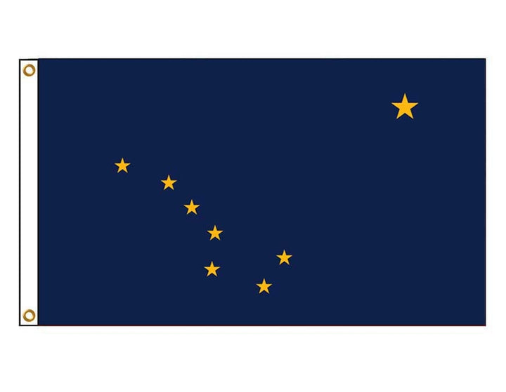 Flag of Alaska with a dark blue field and a constellation of stars forming a pattern.