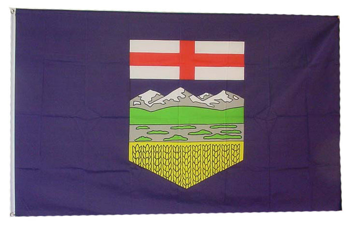 Photo of the flag of alberta. Blue background with the crest of alberta in the middle. Fitted with metal eyelets.