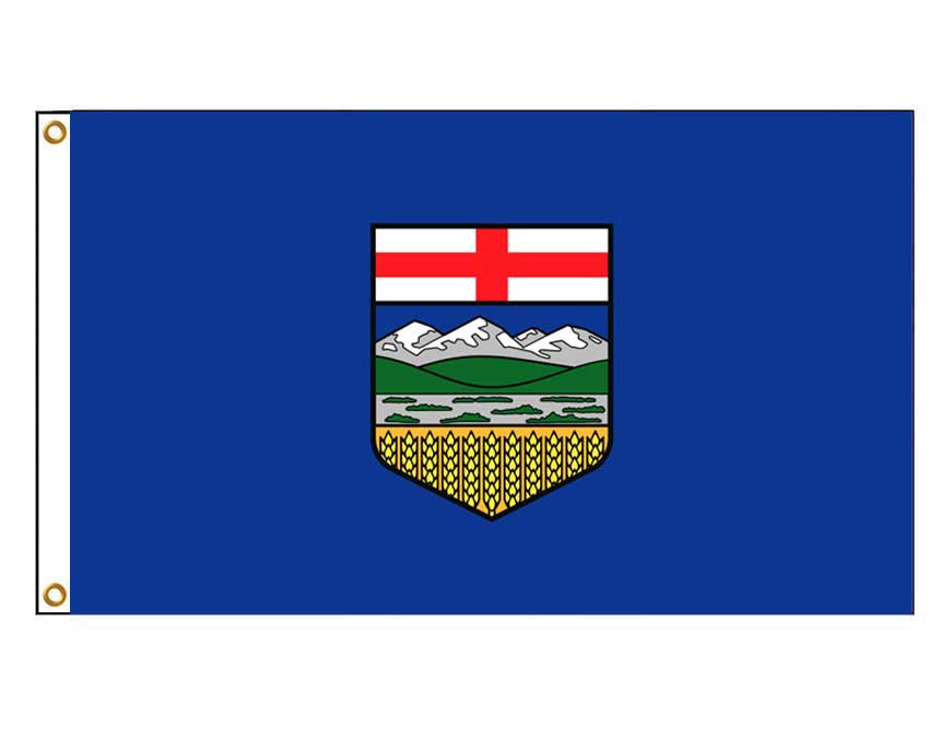 Flag of alberta. Blue background with the crest of alberta in the middle. Fitted with metal eyelets.