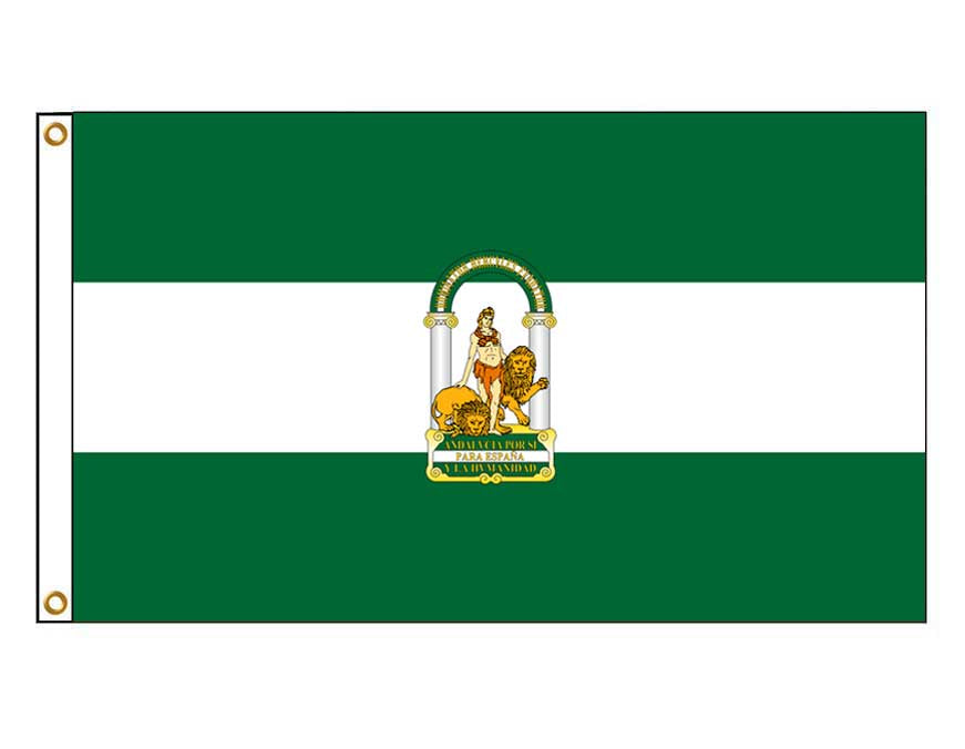 A flag of Andalusia, Spain, featuring a green background with a white and green emblem in the center and two metal grommets.
