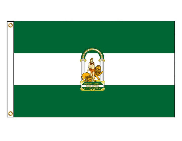 A flag of Andalusia, Spain, featuring a green background with a white and green emblem in the center and two metal grommets.